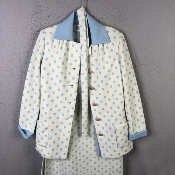 Vintage Paula Brooks 3 Piece Skirt Suit Set Womens 12 Blue White Polka Dot 70s - Picture 1 of 16